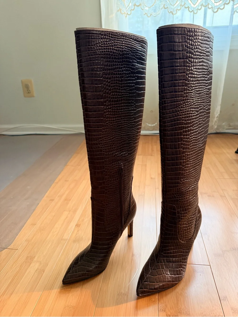Nine West - Maxim - Croc-Embossed Knee High Boots - Brown - Size 7